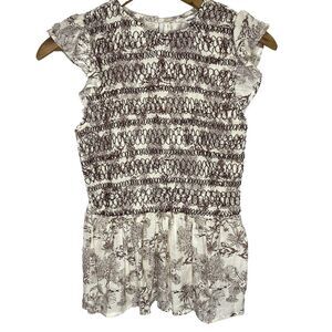 Anthropologie Mine Smocked Peplum Flutter Sleeve Blouse Top Womens S Cream Brown